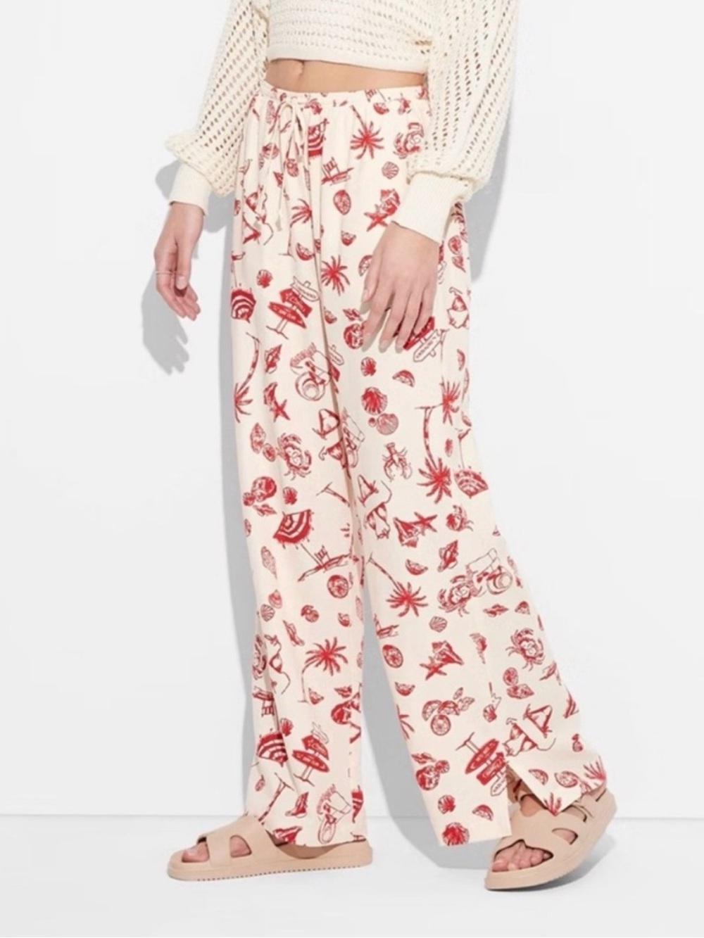 wild fable Cream Wide-Leg Lounge Pants with Red Print